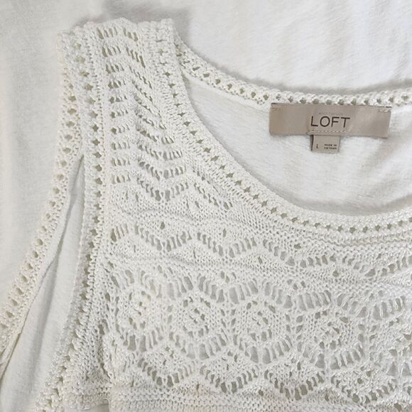 Ann Taylor Loft Womens Top Large White Sleeveless Linen Blend Crochet Round Neck - Picture 6 of 9